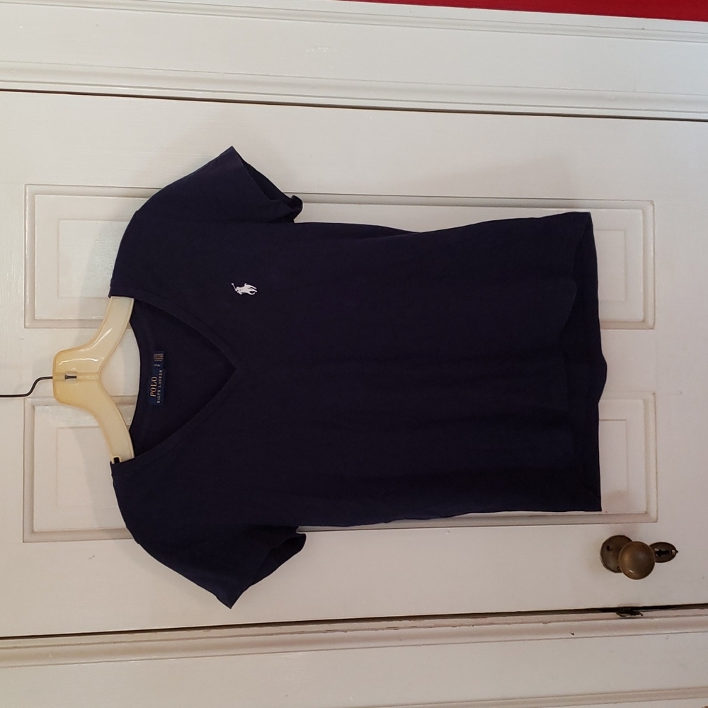 POLO Ralph Lauren blue v-neck with white emblem, size petite small